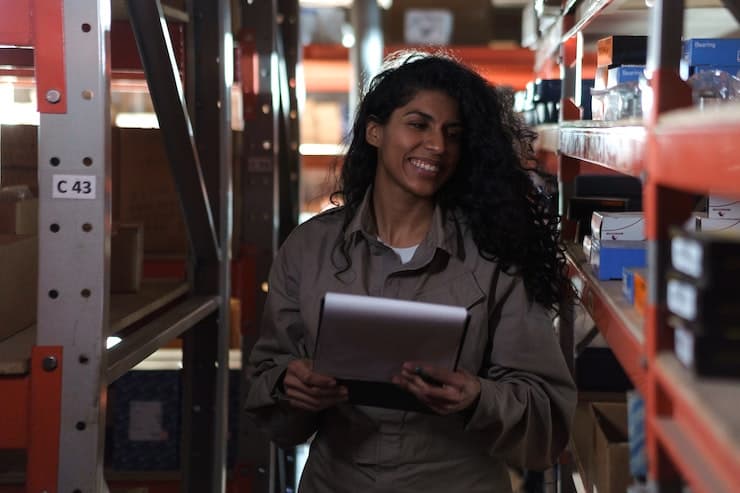 Woman with clipboard in warehouse